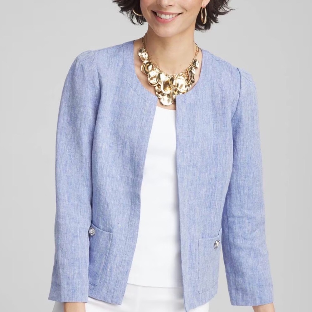 Moving Sale Chico's Light Blue Linen Chambray Open-Front Blazer Size L/2 - Picture 4 of 8